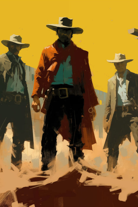 Premium Textil-Leinwand Sturm der Gesetzlosen: Drei Cowboys im Duell