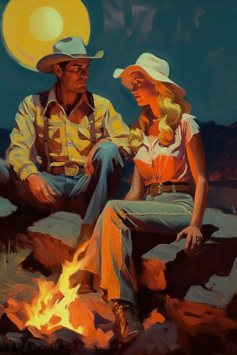 Premium Textil-Leinwand Mondlichtromanze: Cowboys am Feuer der Prärie