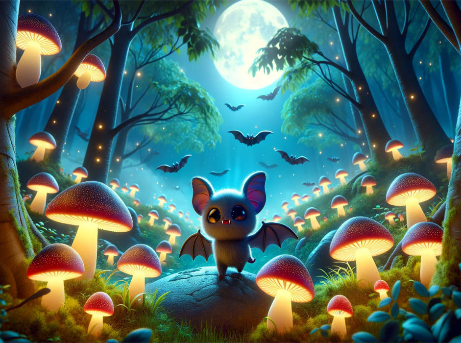 De petites chauves-souris vampires explorent une forêt de champignons lumineux - Puzzle photo CALVENDO' 