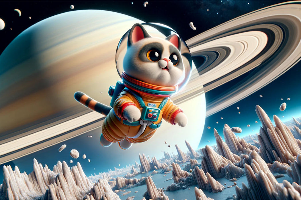 Cosmonaute chat en toile textile premium : dansez à travers les anneaux de Saturne 