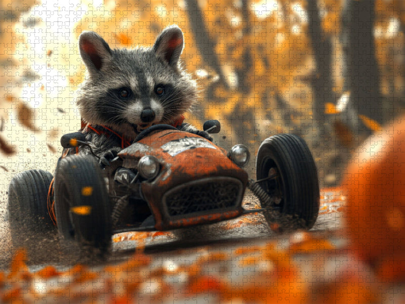 Chasse d'automne : Le raton laveur au volant - Puzzle photo CALVENDO' 