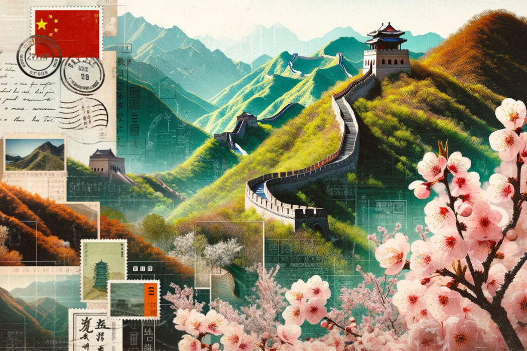 Premium Textil-Leinwand Frühlingserwachen an der Großen Mauer: Eine KI-gemalte Ode an die Blüte