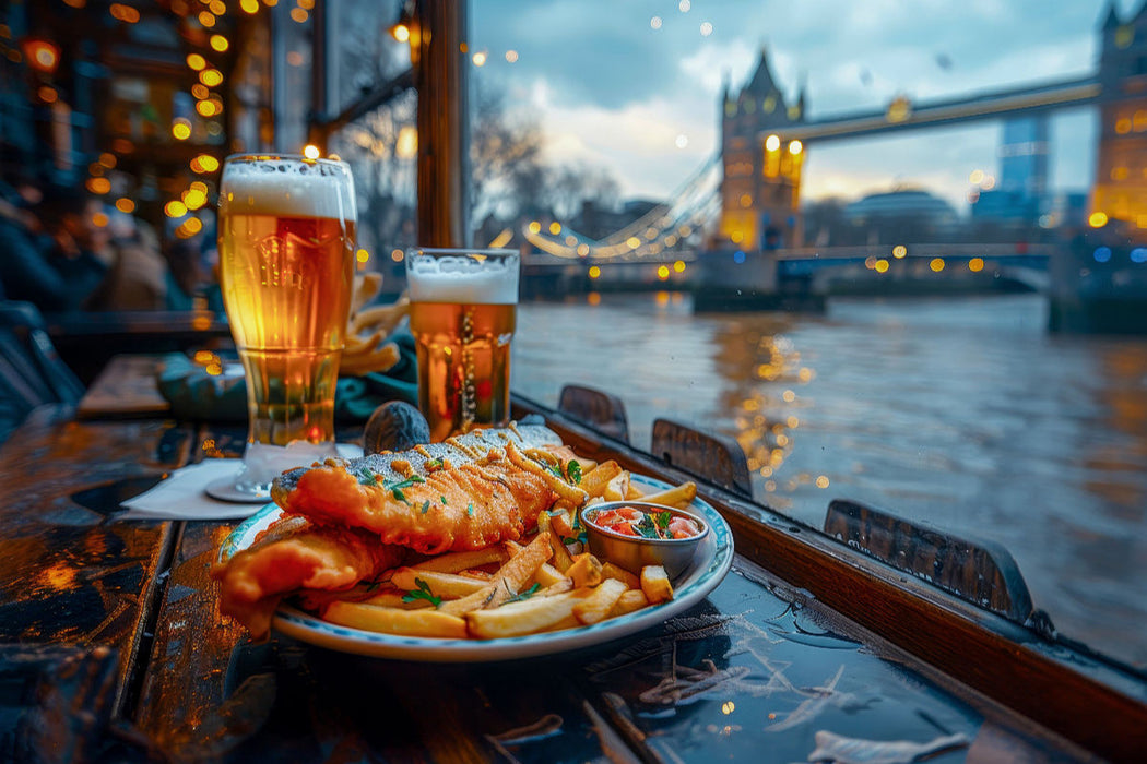 Premium Textil-Leinwand Fish and Chips vor der Kulisse der Tower Bridge in London
