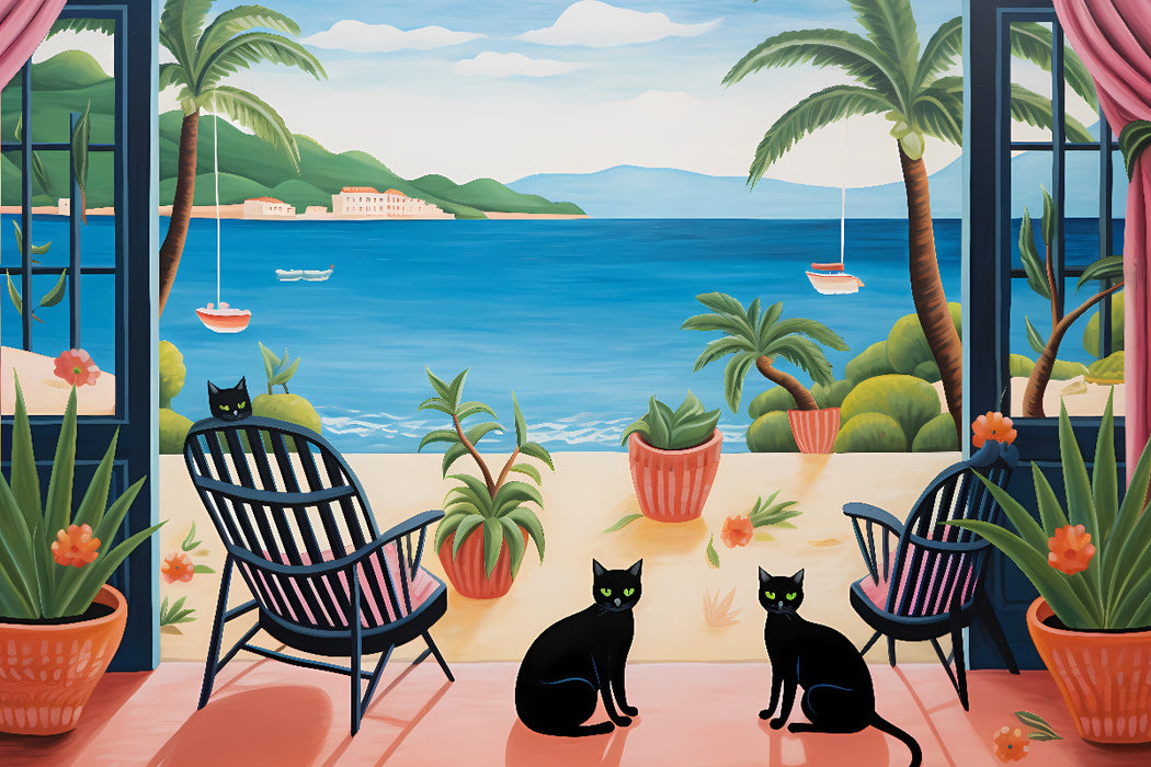 Premium Textil-Leinwand Zwei Katzen im Strandhaus