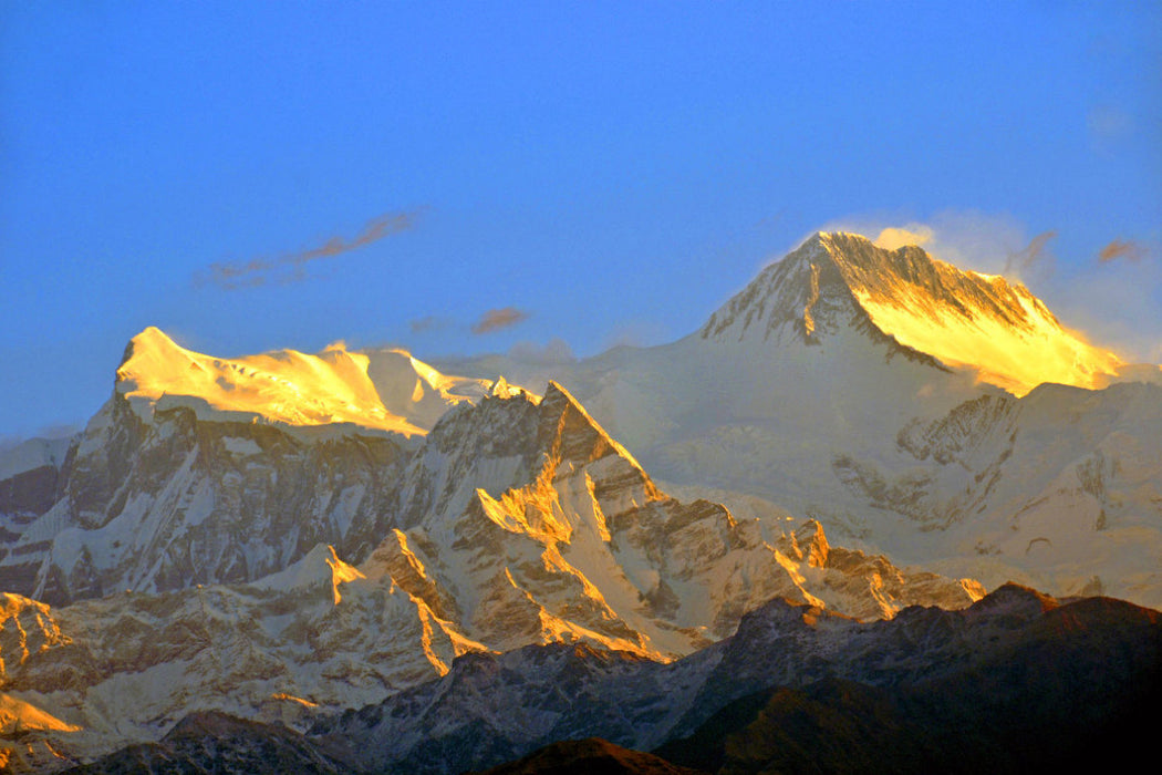 Premium Textil-Leinwand Von links Annapurna IV (7525 m) und Annapurna II (7939 m) am frühen Morgen vom Aussichtspunkt Sarangkot