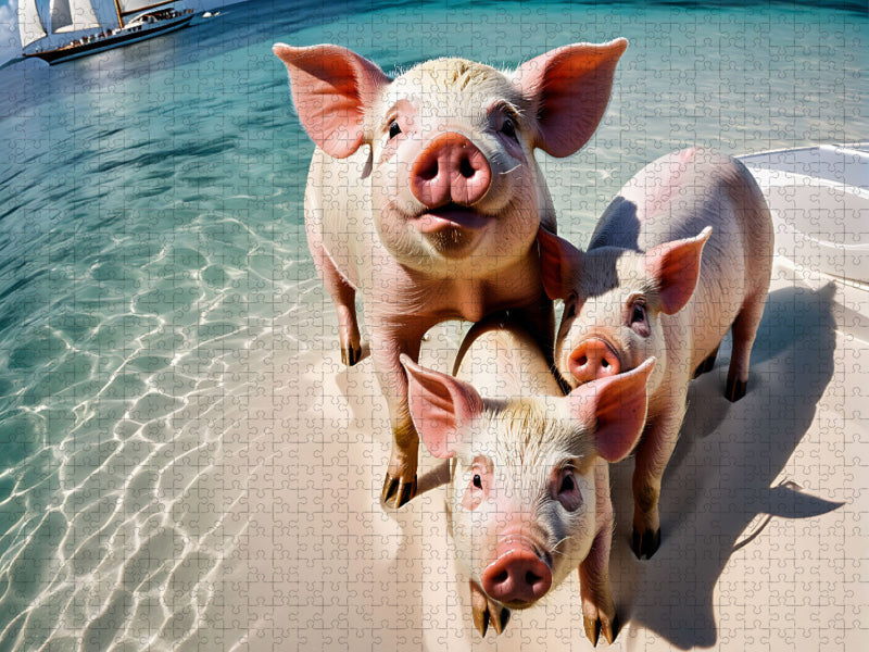 Porcelets mignons dans le sable blanc comme neige de Pig Beach - Puzzle photo CALVENDO' 