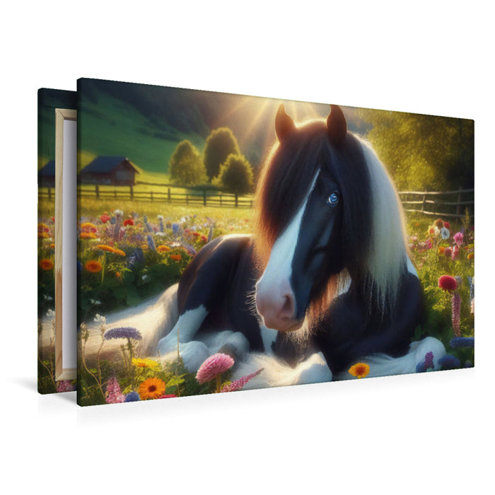 Premium Textil-Leinwand Tinker Pony Meadow und ihre bunten Blumen