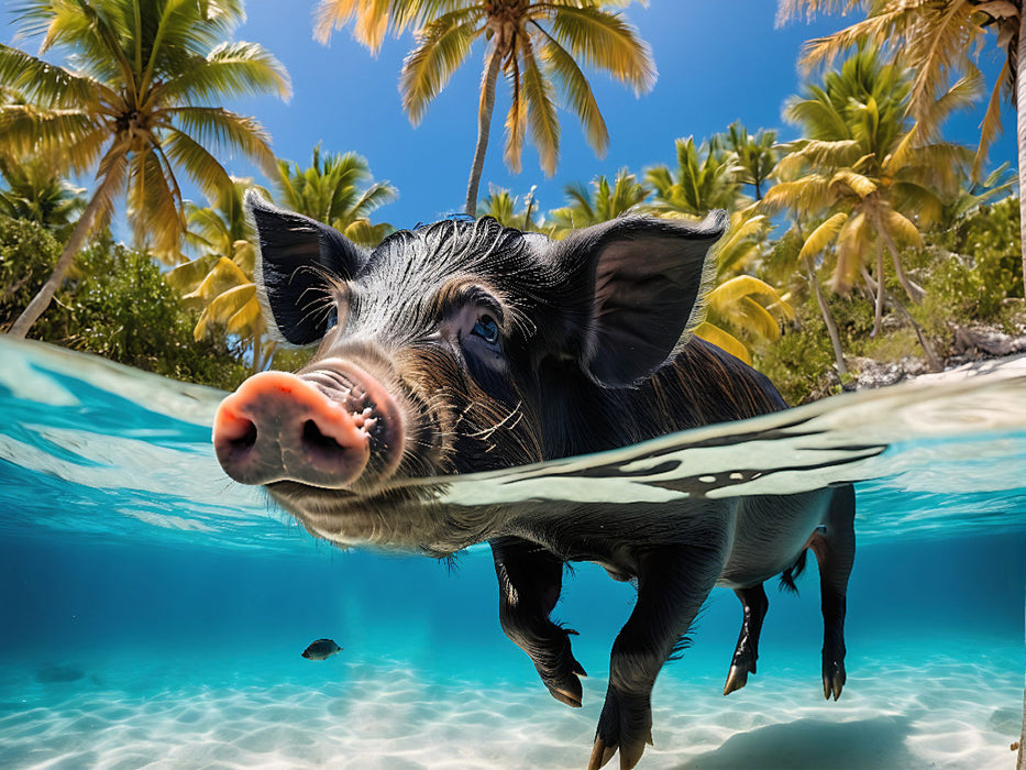 Cochon noir nageant dans les eaux turquoise des Caraïbes - Puzzle photo CALVENDO' 
