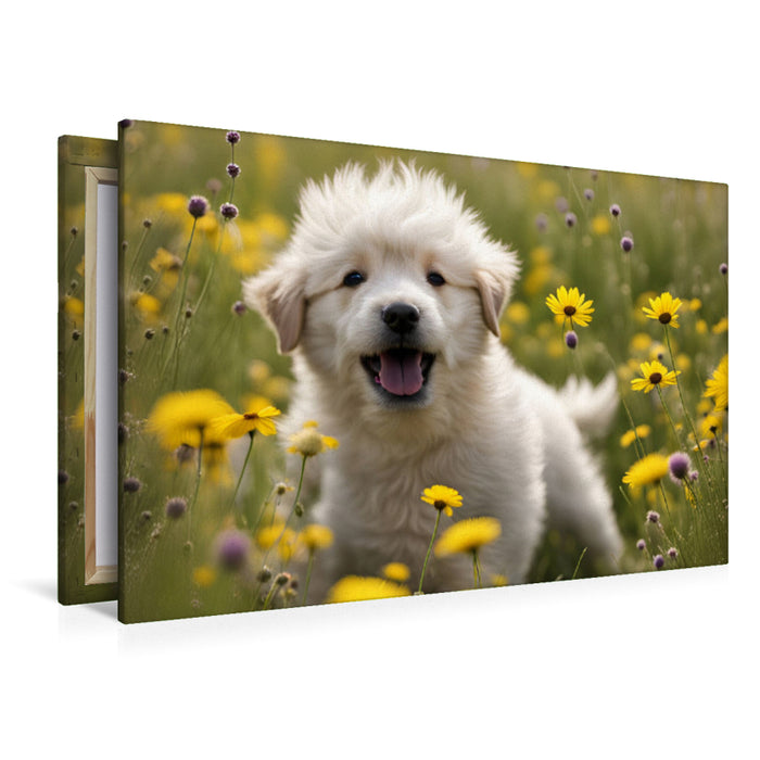 Chiot chien en toile textile haut de gamme dans une aventure dans la prairie 