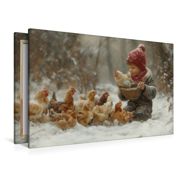 Premium Textil-Leinwand Winterzauber auf dem Hühnerhof