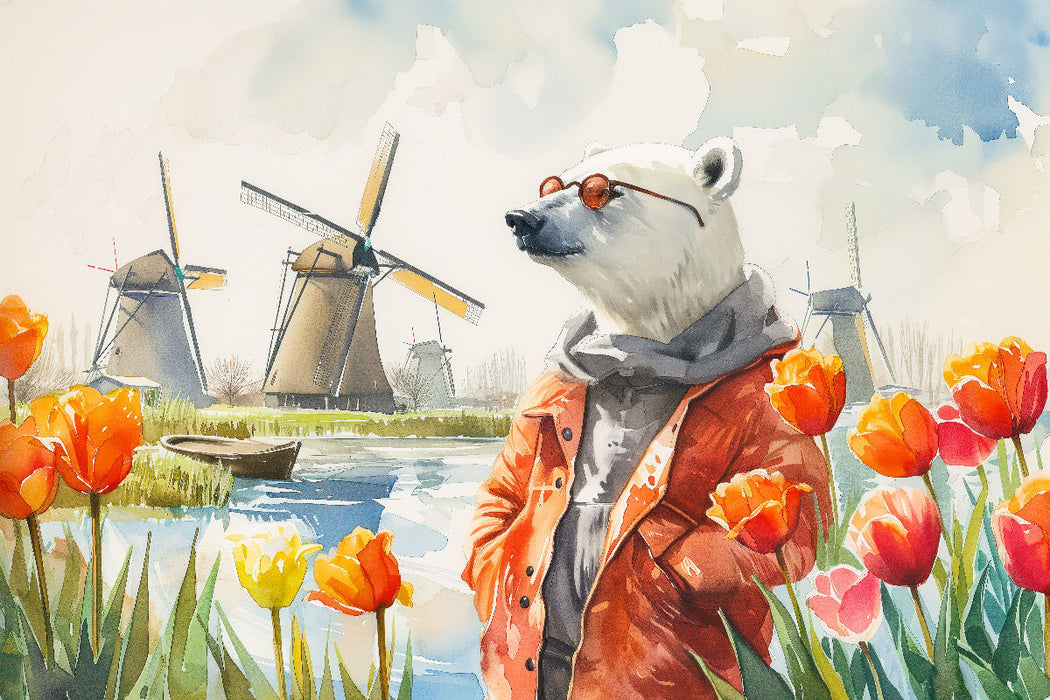 Premium Textil-Leinwand Eisbär Eik in Kinderdijk bei der Tulpenblüte in den Niederlanden