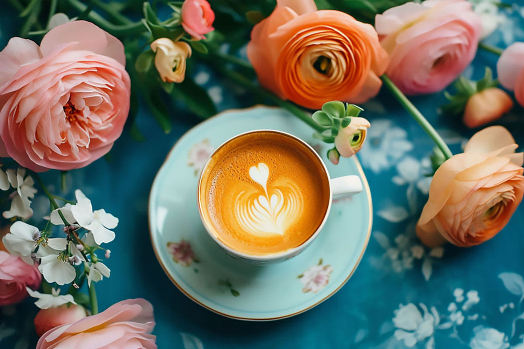 Premium Textil-Leinwand Kaffeegenuss im Blütenrausch