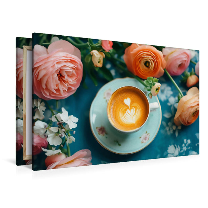 Premium Textil-Leinwand Kaffeegenuss im Blütenrausch