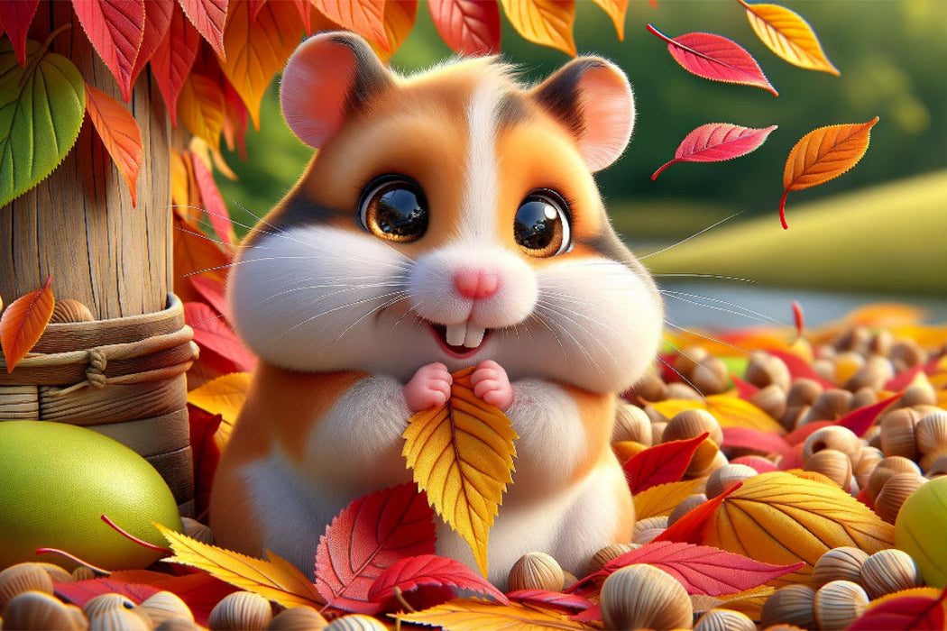 Premium Textil-Leinwand Herbstliche Schätze: Ein Hamster und seine farbenfrohe Blättersammlung