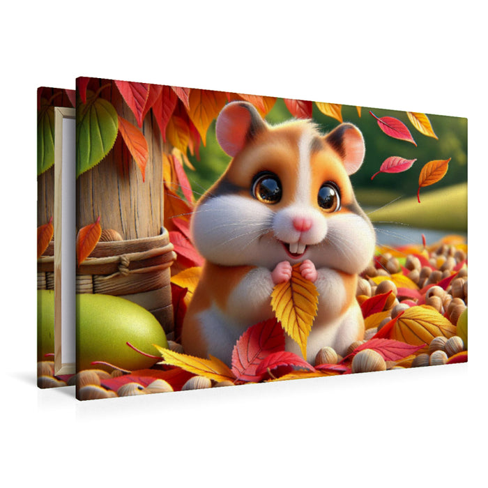 Premium Textil-Leinwand Herbstliche Schätze: Ein Hamster und seine farbenfrohe Blättersammlung