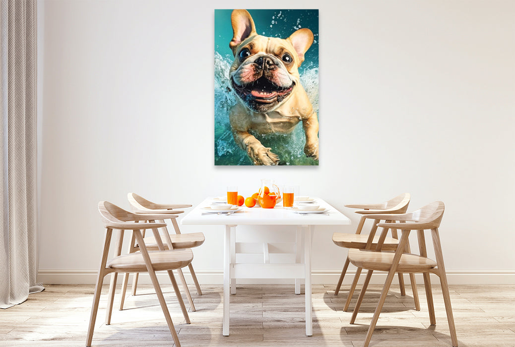 Premium Textil-Leinwand Französische Bulldogge im Wasser