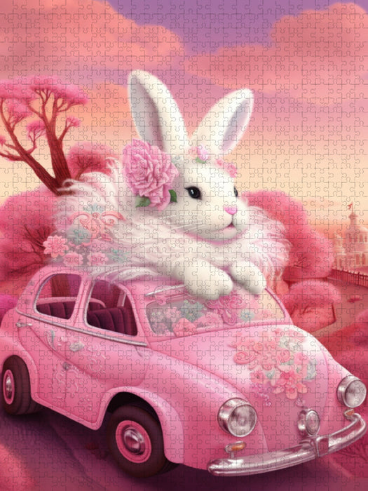Un lapin monte sur le toit de la voiture - Puzzle photo CALVENDO' 