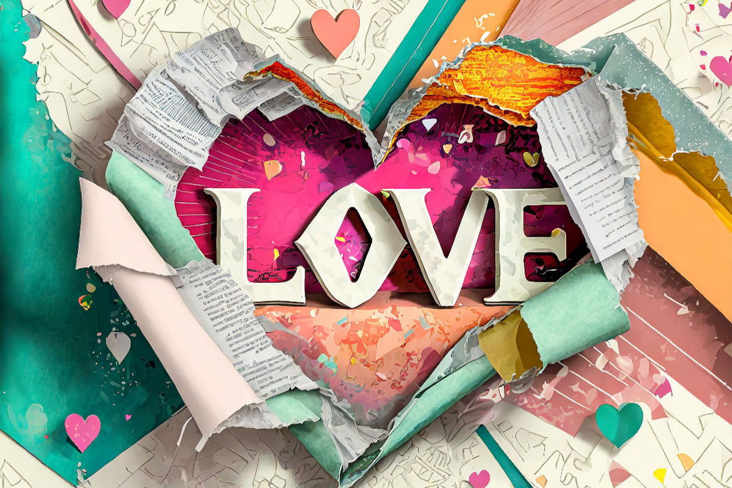 Premium Textil-Leinwand Buntes gerissenes Papier mit Herz und Text Love