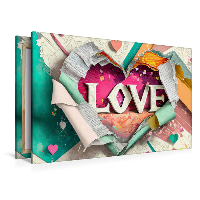 Premium Textil-Leinwand Buntes gerissenes Papier mit Herz und Text Love