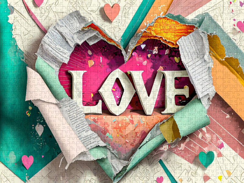 Buntes gerissenes Papier mit Herz und Text Love - CALVENDO Foto-Puzzle'