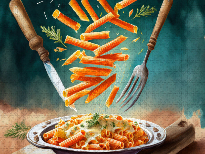 Karotten Nudeln fliegen über einem Teller - CALVENDO Foto-Puzzle'