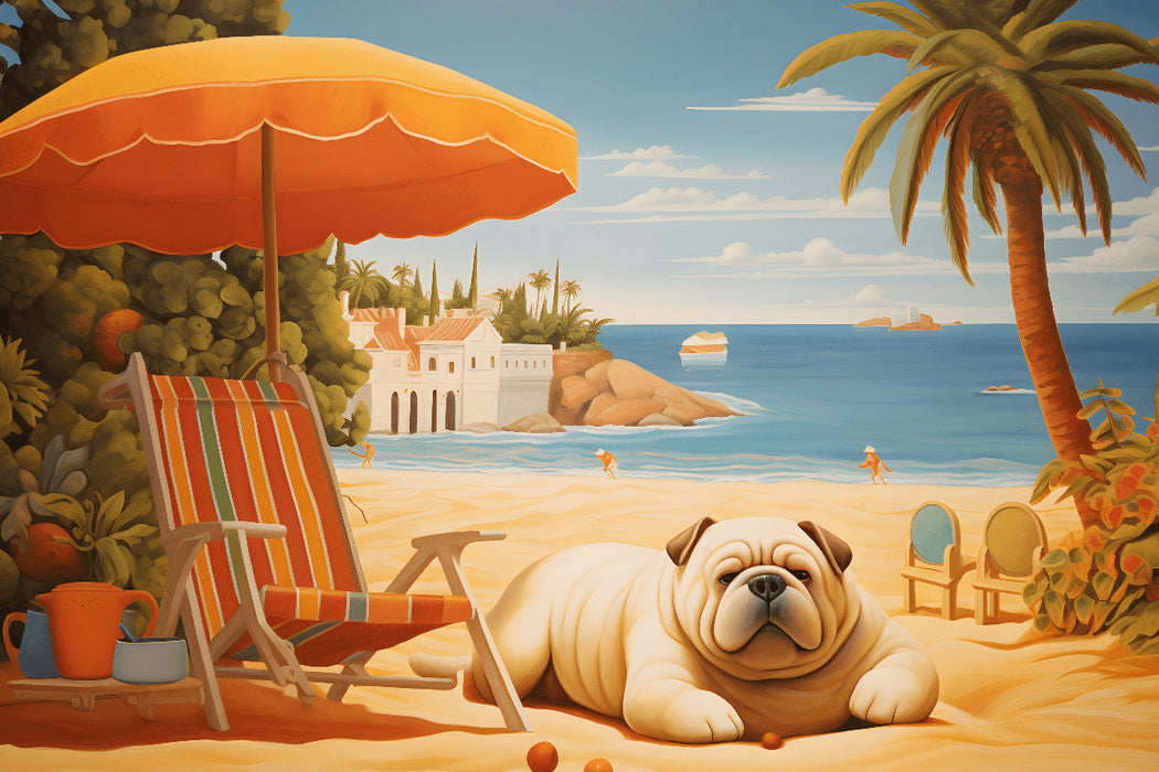 Premium Textil-Leinwand Hund liegt am Strand und sonnt sich am Meer