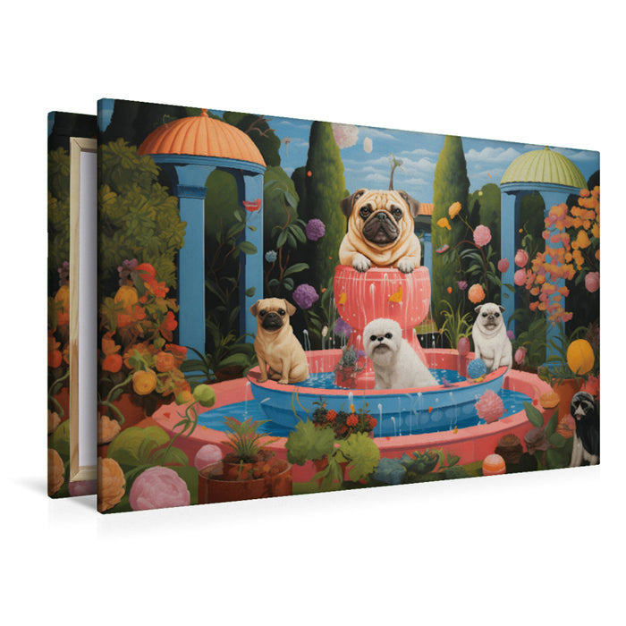 Premium Textil-Leinwand Hunde baden im Springbrunnen