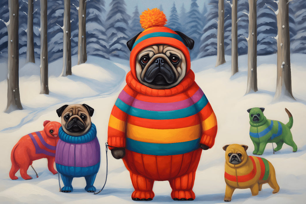Toile textile haut de gamme Des chiens vêtus de vêtements d'hiver se promènent dans la forêt dans la neige 