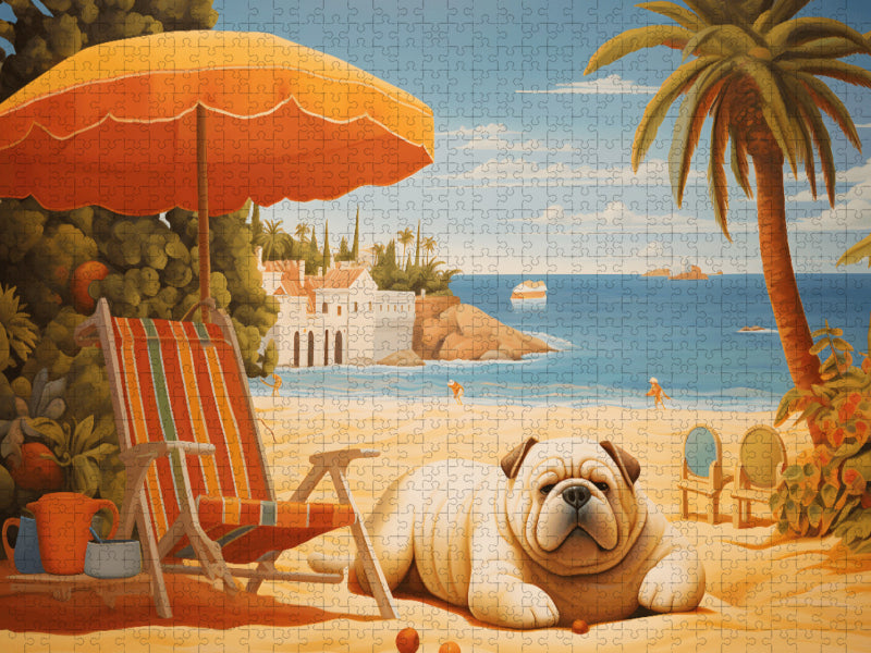 Hund liegt am Strand und sonnt sich am Meer - CALVENDO Foto-Puzzle'