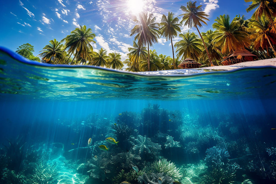 Premium Textil-Leinwand Tropisches Paradies mit Palmen und Unterwasser
