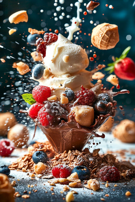 Premium Textil-Leinwand Schokoladen-Vanille-Eiscreme mit frischen Früchten und getrockneten Haferflocken