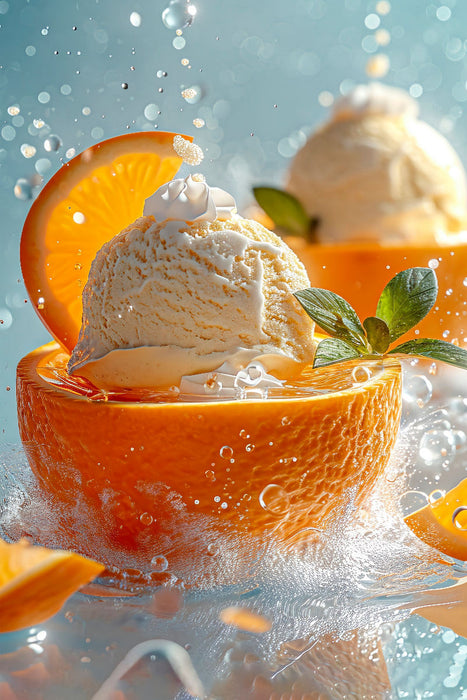Premium Textil-Leinwand Maracuja-Eis in einer Orangenschale und Minzeblättchen