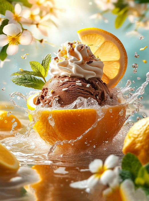 Schokoladen-Eiscreme mit Minze und Sahne-Topping, serviert in einer Zitronenschale - CALVENDO Foto-Puzzle'