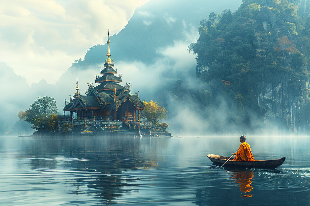 Premium Textil-Leinwand Einsamer buddhistischer Tempel auf einem See am Morgen