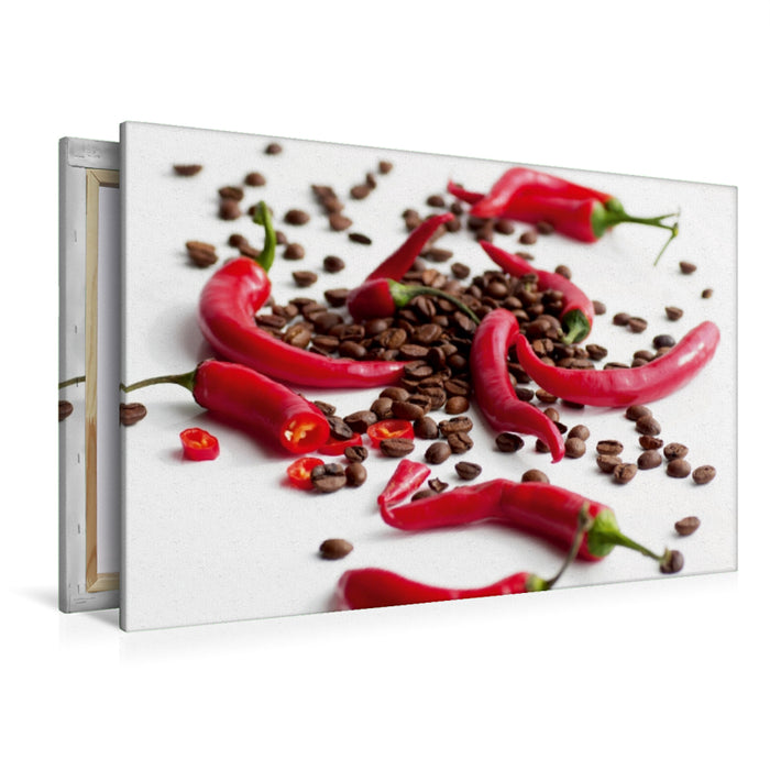 Premium Textil-Leinwand Premium Textil-Leinwand 120 cm x 80 cm quer Kaffeebohnen mit rotem Chili