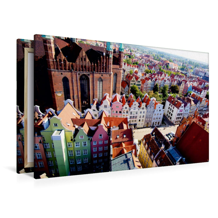 Premium Textil-Leinwand Premium Textil-Leinwand 120 cm x 80 cm quer Danzig - links ein Teil der Marienkirche 1343-1502, rechts die Häuser-Rückfront der Frauengasse