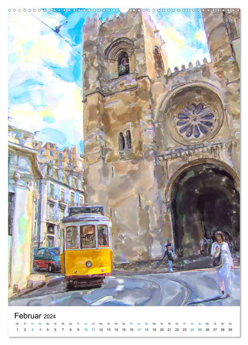 Lissabon in Aquarell - Illustrierte Ansichten der portugisischen Hauptstadt (CALVENDO Premium Wandkalender 2024)