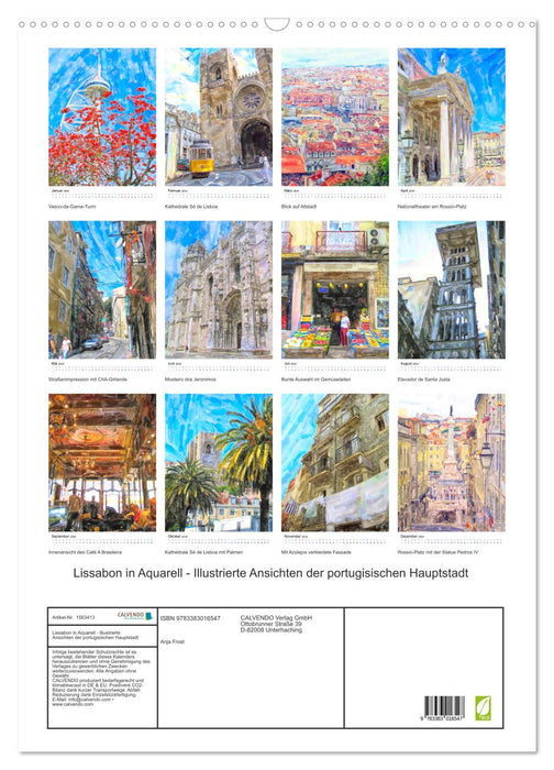 Lissabon in Aquarell - Illustrierte Ansichten der portugisischen Hauptstadt (CALVENDO Wandkalender 2024)