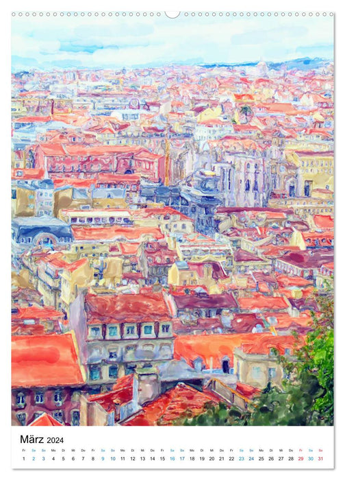 Lissabon in Aquarell - Illustrierte Ansichten der portugisischen Hauptstadt (CALVENDO Wandkalender 2024)