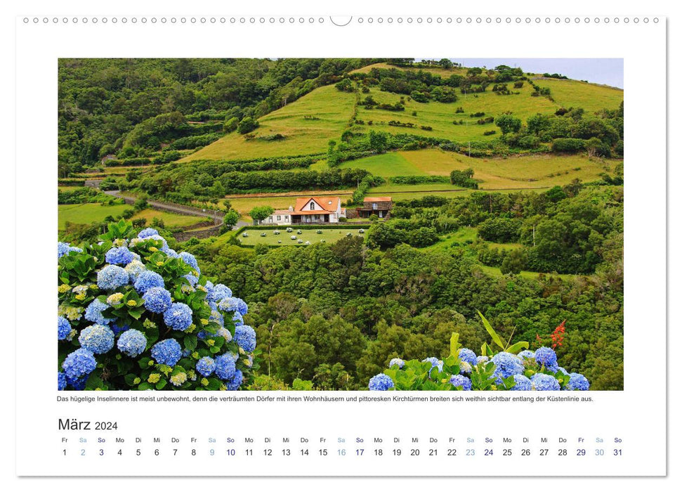 Île de Flores aux Açores - touche de couleur sur un volcan éteint au Portugal (calendrier mural CALVENDO 2024) 