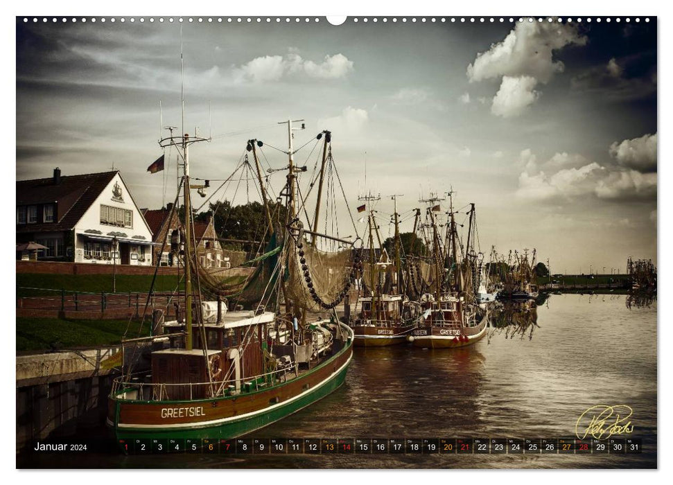 Ostfriesland - die alten Häfen, Vintage-Style (CALVENDO Premium Wandkalender 2024)