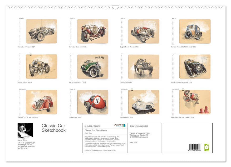 Carnet de croquis de voitures classiques (calendrier mural CALVENDO 2024) 