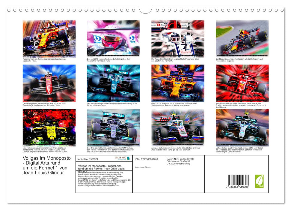 Plein gaz en monoposto - Arts numériques autour de la Formule 1 par Jean-Louis Glineur (Calendrier mural CALVENDO 2024) 
