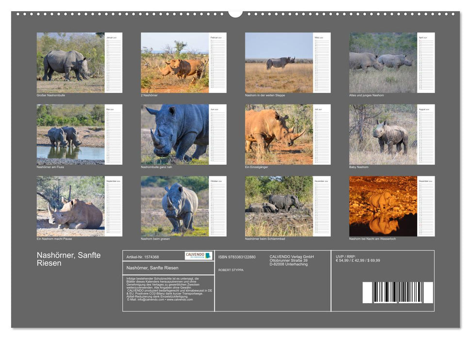 Rhinos - Gentle Giants (CALVENDO Wall Calendar 2024) 