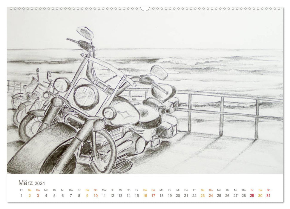 Passion moto - croquis de liberté à moto (calendrier mural CALVENDO 2024) 