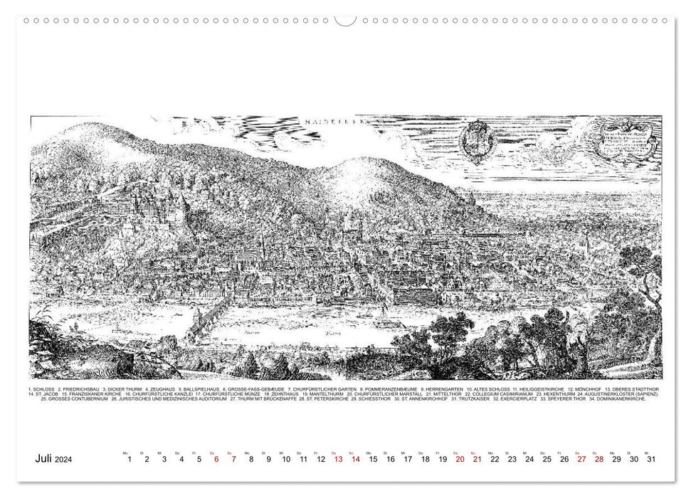 Heidelberg – Kupferstiche von Matthäus Merian d. Ä. (1593-1650) (CALVENDO Premium Wandkalender 2024)