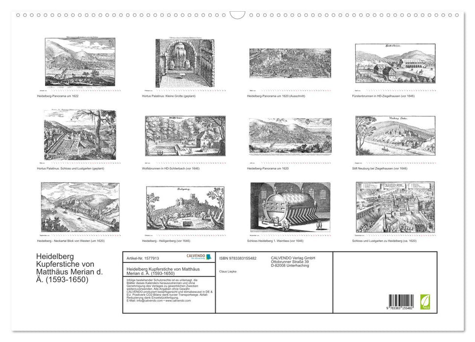 Heidelberg – gravures sur cuivre de Matthäus Merian l'Ancien UN. (1593-1650) (Calendrier mural CALVENDO 2024) 