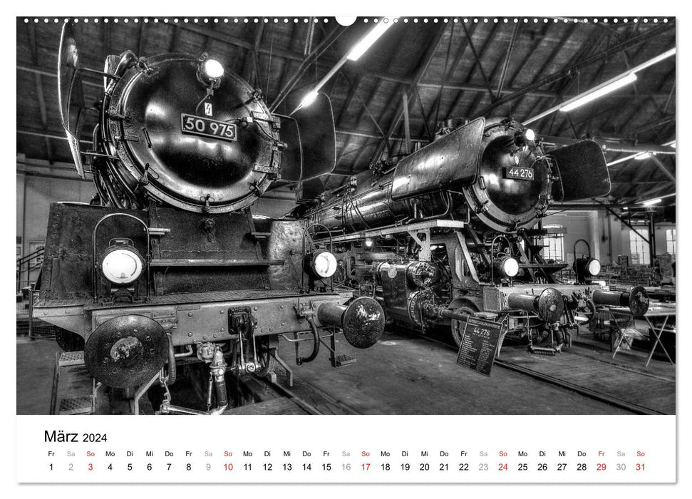 Unter Dampf - Eisenbahnromantik in schwarz-weiß (CALVENDO Premium Wandkalender 2024)