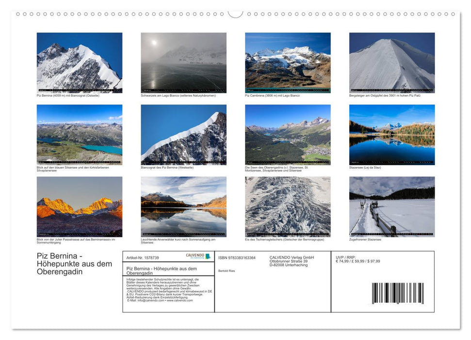 Piz Bernina - Highlights from the Upper Engadine (CALVENDO Premium Wall Calendar 2024) 