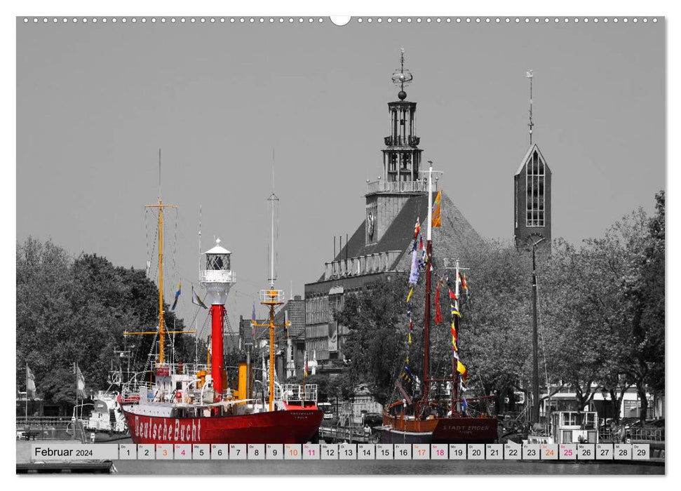 The seaport city of Emden - in black and white colorful (CALVENDO wall calendar 2024) 